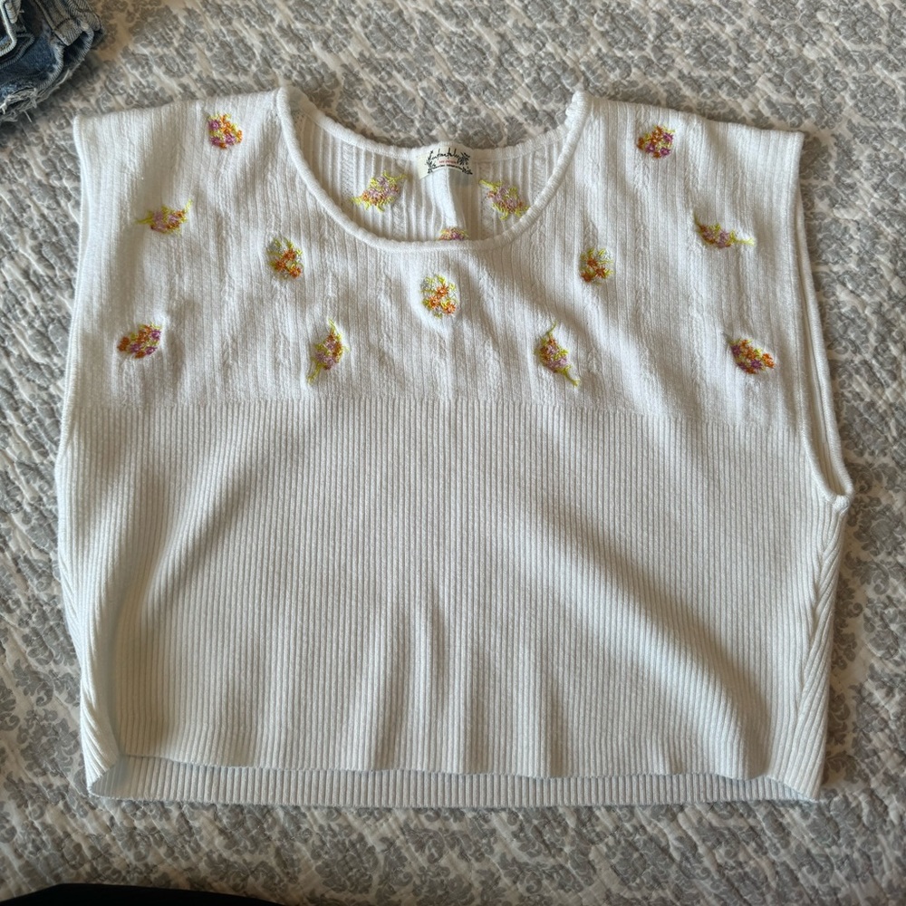 Free People Cropped Floral Embroidered Knit Tank